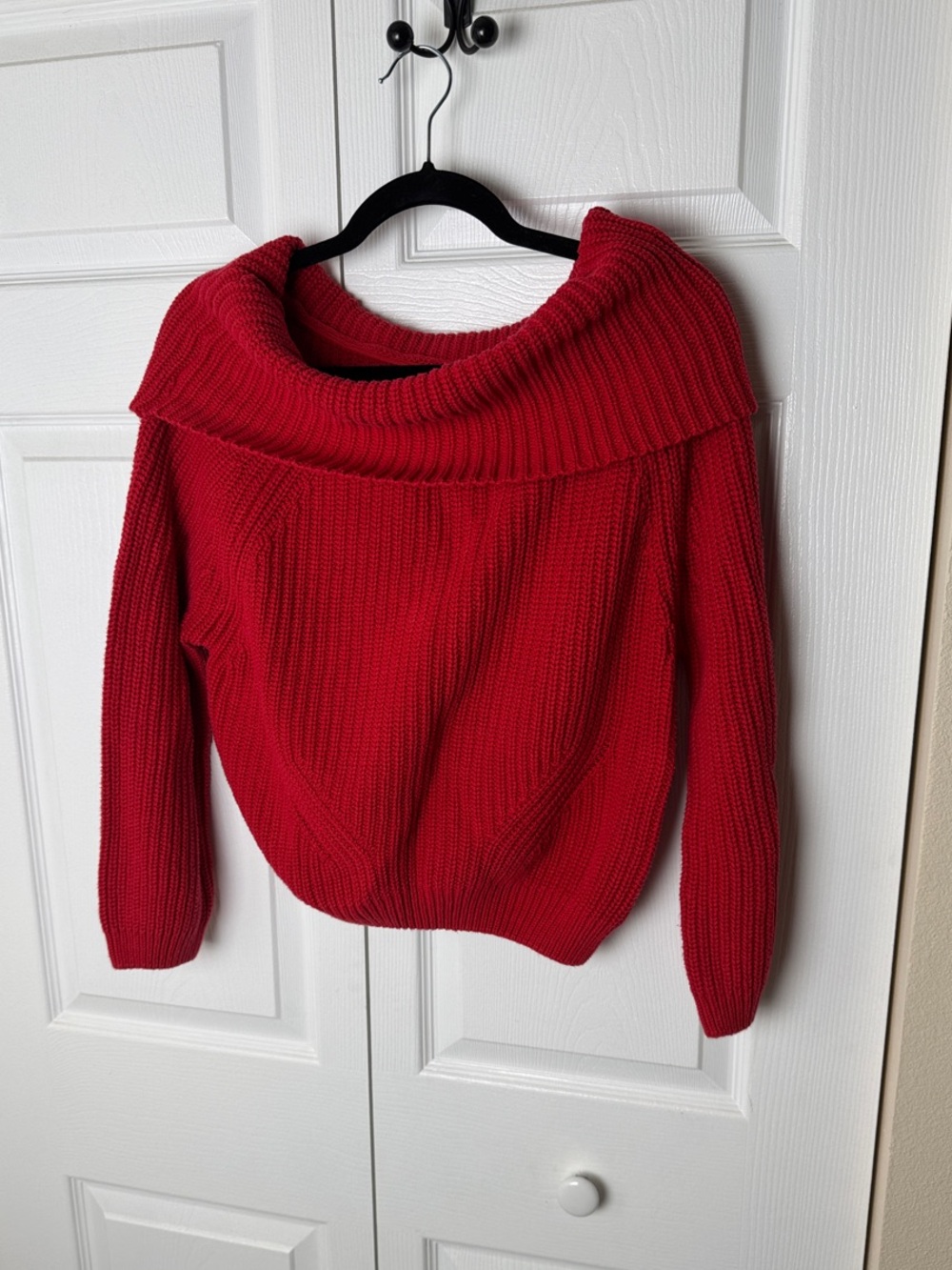 Off-Shoulder Ribbed Red Knit Sweater